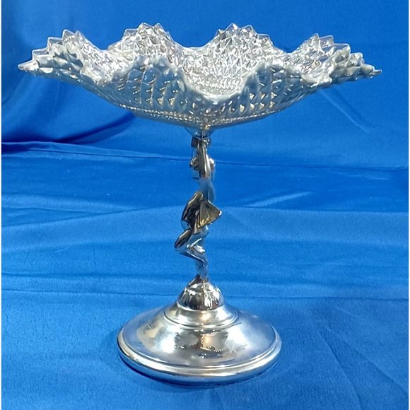 Vintage 1950s Silver Chrome Angel Cherub Bon Bon Candy Dish Footed Serving Tray - Picture 5 of 10